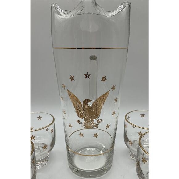 Vintage MCM Americana Cocktail Set 1 Qt Pitcher 6 - 6 Oz Glasses USA Eagle Stars - Picture 2 of 5